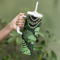 Green Hawaii Kukui Nut Lei Tumbler With Handle Hawaiian Pattern Monstera Tropical Vibes - Polynesian Pride
