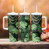 Green Hawaii Kukui Nut Lei Tumbler With Handle Hawaiian Pattern Monstera Tropical Vibes - Polynesian Pride
