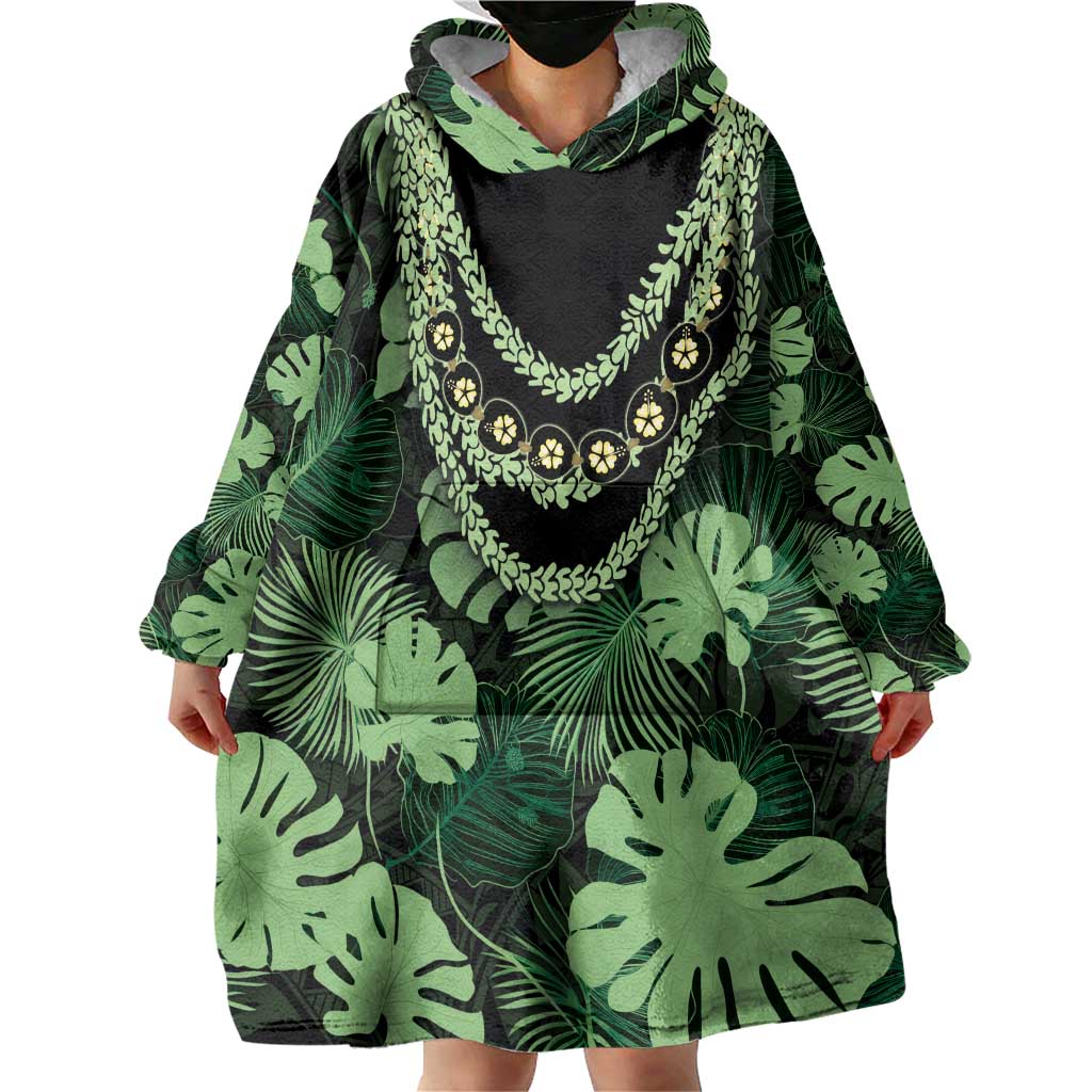 Green Hawaii Kukui Nut Lei Wearable Blanket Hoodie Hawaiian Pattern Monstera Tropical Vibes - Polynesian Pride