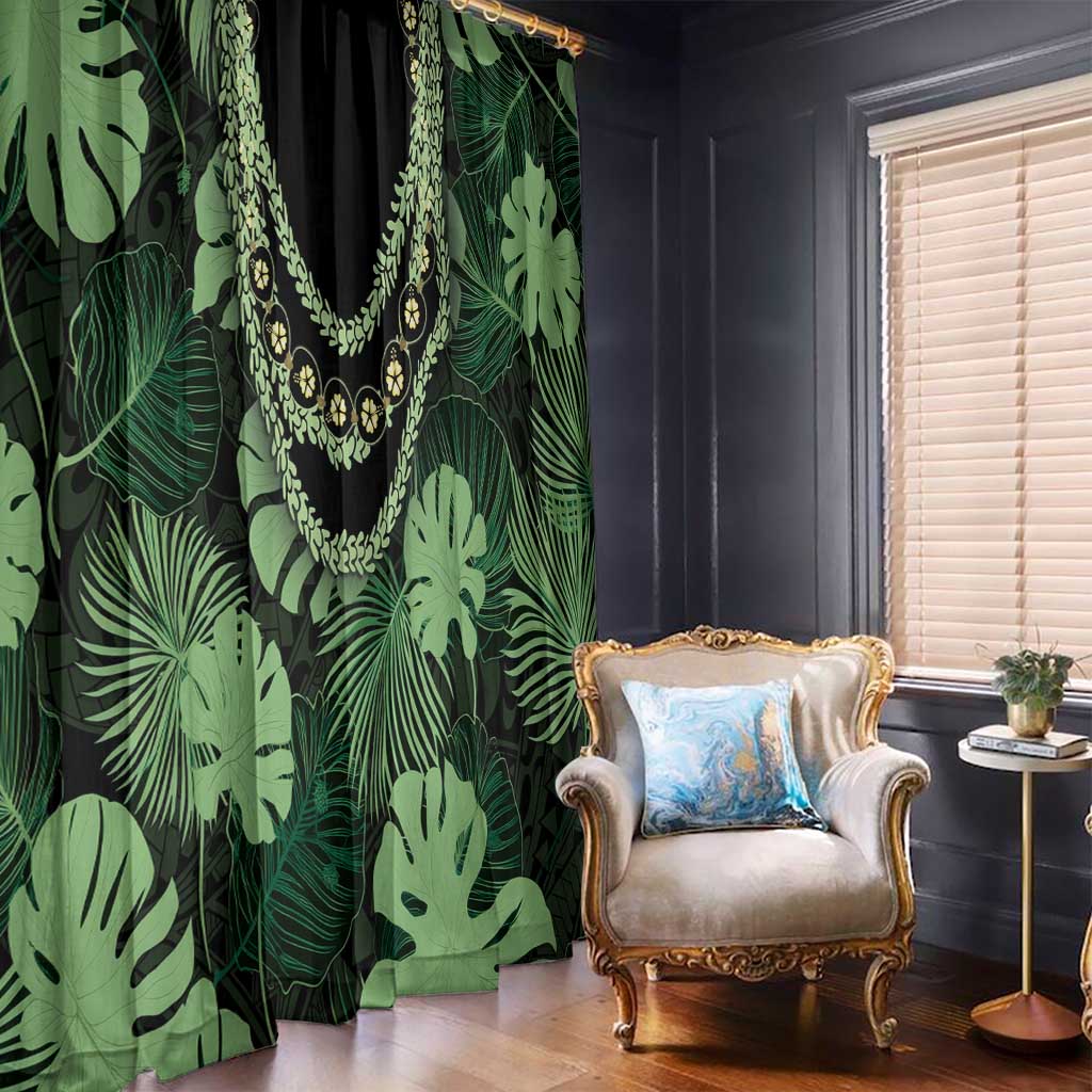 Green Hawaii Kukui Nut Lei Window Curtain Hawaiian Pattern Monstera Tropical Vibes - Polynesian Pride
