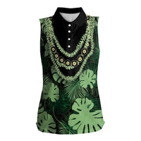 Green Hawaii Kukui Nut Lei Women Sleeveless Polo Shirt Hawaiian Pattern Monstera Tropical Vibes - Polynesian Pride