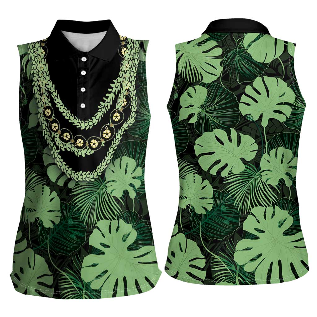 Green Hawaii Kukui Nut Lei Women Sleeveless Polo Shirt Hawaiian Pattern Monstera Tropical Vibes - Polynesian Pride