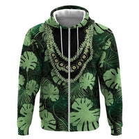 Green Hawaii Kukui Nut Lei Zip Hoodie Hawaiian Pattern Monstera Tropical Vibes - Polynesian Pride