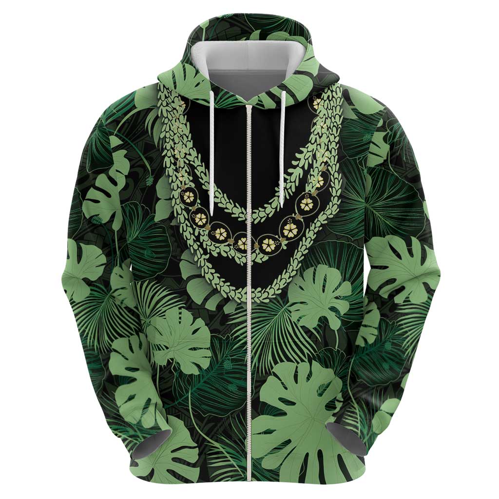 Green Hawaii Kukui Nut Lei Zip Hoodie Hawaiian Pattern Monstera Tropical Vibes - Polynesian Pride