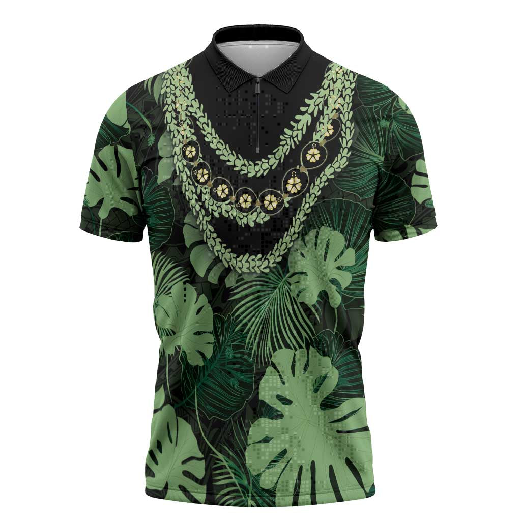 Green Hawaii Kukui Nut Lei Zipper Polo Shirt Hawaiian Pattern Monstera Tropical Vibes - Polynesian Pride