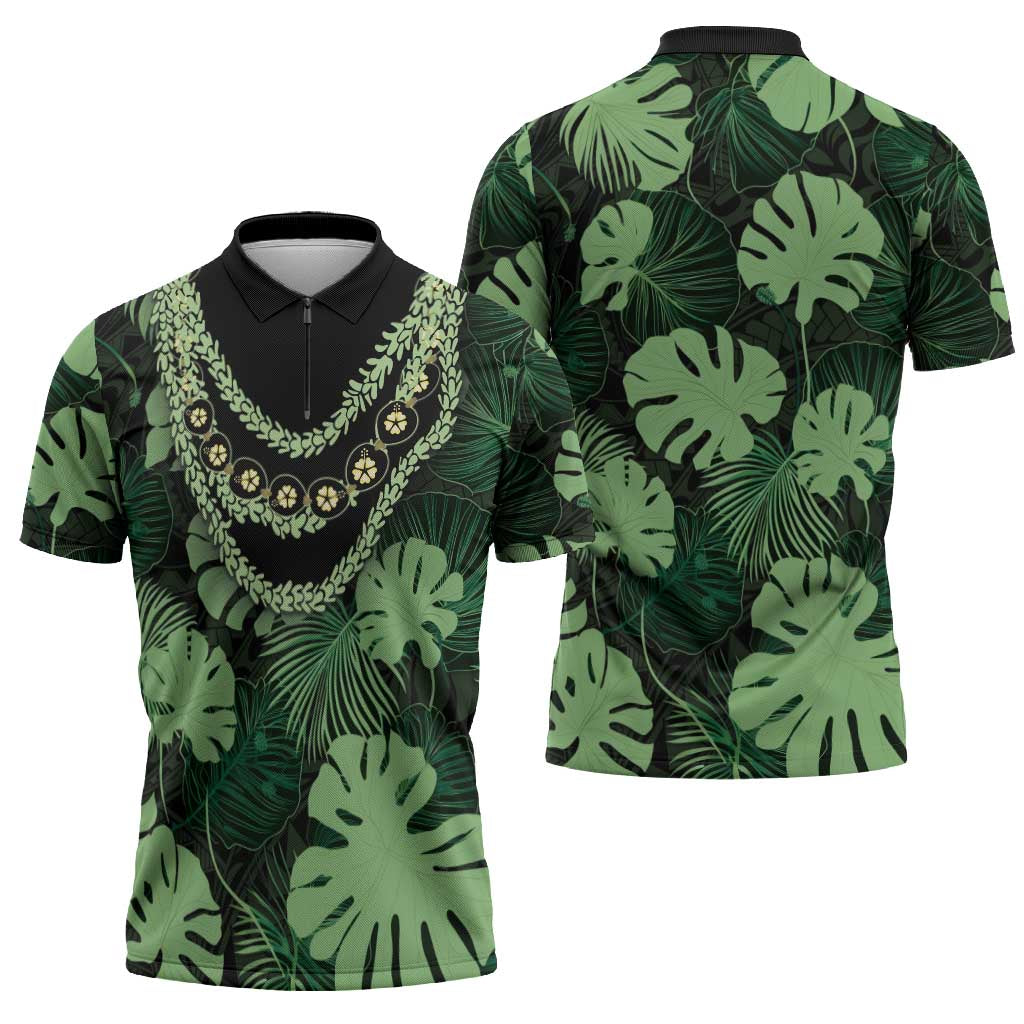 Green Hawaii Kukui Nut Lei Zipper Polo Shirt Hawaiian Pattern Monstera Tropical Vibes - Polynesian Pride