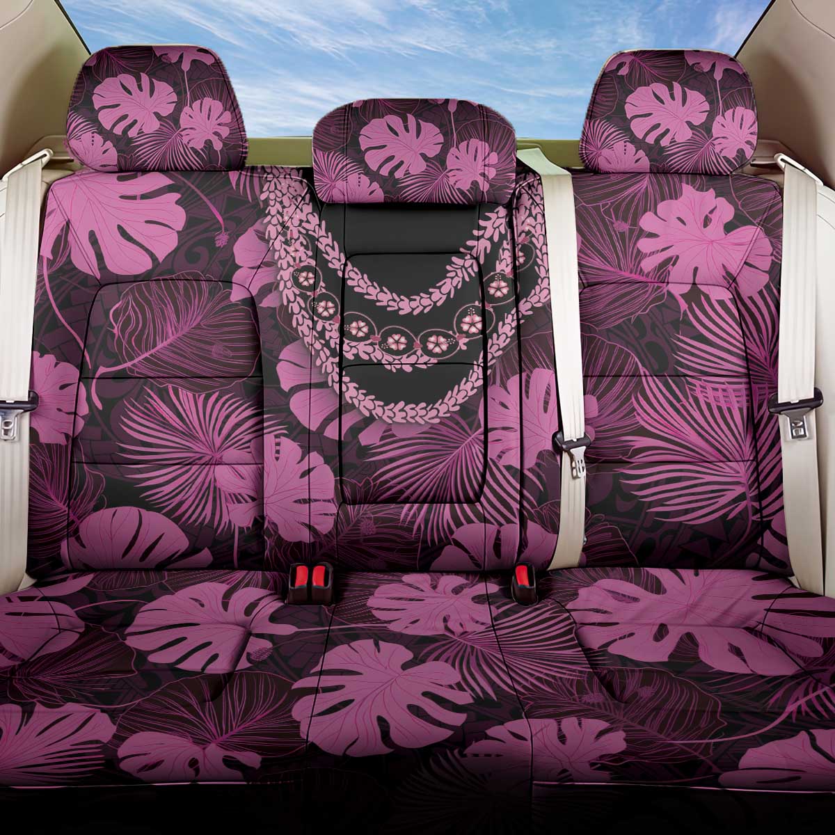 Pink Hawaii Kukui Nut Lei Back Car Seat Cover Hawaiian Pattern Monstera Tropical Vibes - Polynesian Pride
