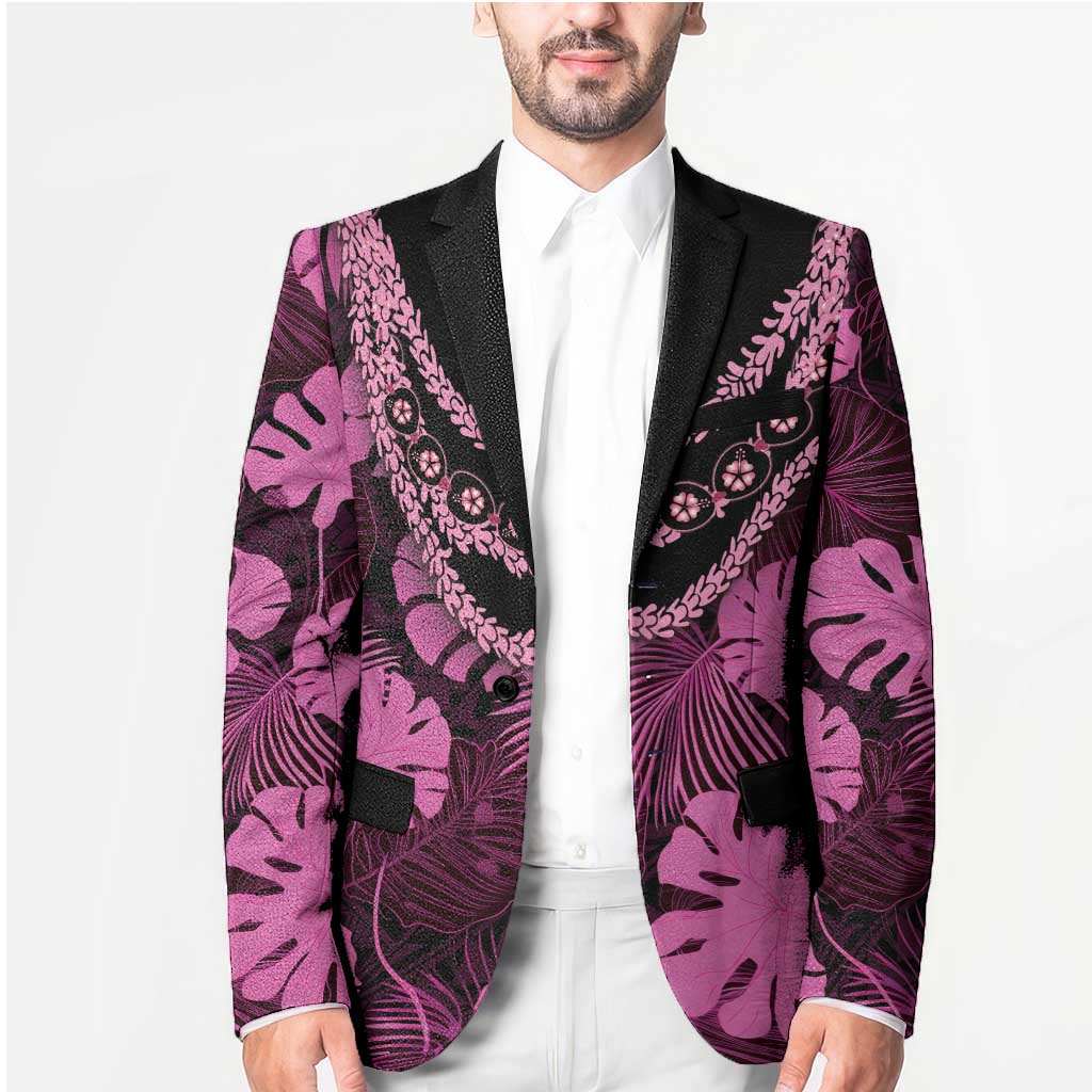 Pink Hawaii Kukui Nut Lei Blazer Hawaiian Pattern Monstera Tropical Vibes - Polynesian Pride