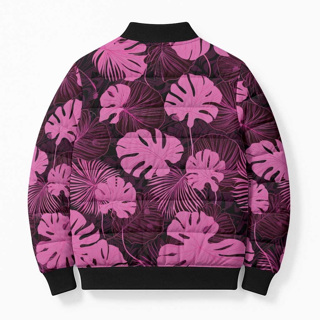Pink Hawaii Kukui Nut Lei Bomber Puffer Jacket Hawaiian Pattern Monstera Tropical Vibes - Polynesian Pride