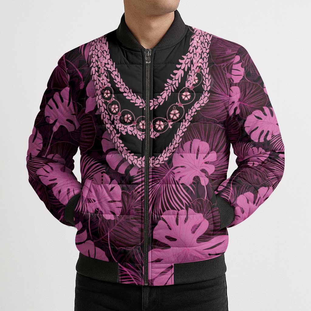 Pink Hawaii Kukui Nut Lei Bomber Puffer Jacket Hawaiian Pattern Monstera Tropical Vibes - Polynesian Pride