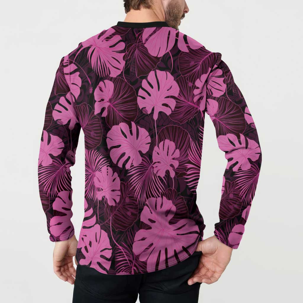 Pink Hawaii Kukui Nut Lei Button Sweatshirt Hawaiian Pattern Monstera Tropical Vibes - Polynesian Pride