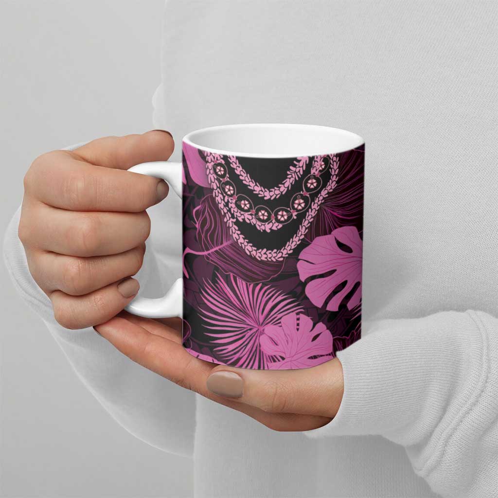 Pink Hawaii Kukui Nut Lei Ceramic Mug Hawaiian Pattern Monstera Tropical Vibes - Polynesian Pride