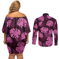 Pink Hawaii Kukui Nut Lei Couples Matching Off Shoulder Short Dress and Long Sleeve Button Shirt Hawaiian Pattern Monstera Tropical Vibes - Polynesian Pride