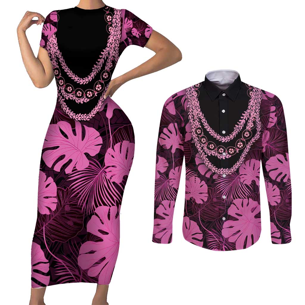 Pink Hawaii Kukui Nut Lei Couples Matching Short Sleeve Bodycon Dress and Long Sleeve Button Shirt Hawaiian Pattern Monstera Tropical Vibes - Polynesian Pride
