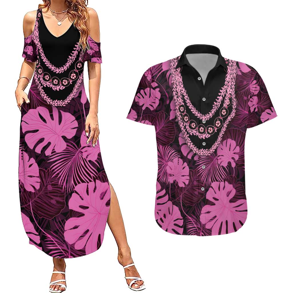 Pink Hawaii Kukui Nut Lei Couples Matching Summer Maxi Dress and Hawaiian Shirt Hawaiian Pattern Monstera Tropical Vibes - Polynesian Pride