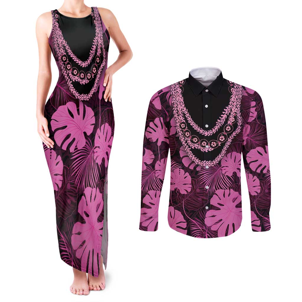 Pink Hawaii Kukui Nut Lei Couples Matching Tank Maxi Dress and Long Sleeve Button Shirt Hawaiian Pattern Monstera Tropical Vibes - Polynesian Pride