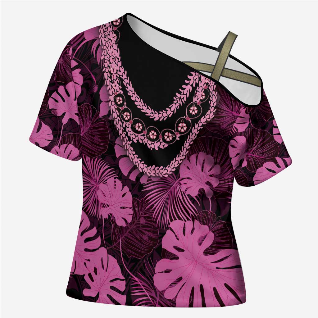 Pink Hawaii Kukui Nut Lei Cross Shoulder Shirt Hawaiian Pattern Monstera Tropical Vibes - Polynesian Pride