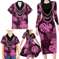 Pink Hawaii Kukui Nut Lei Family Matching Long Sleeve Bodycon Dress and Hawaiian Shirt Hawaiian Pattern Monstera Tropical Vibes - Polynesian Pride