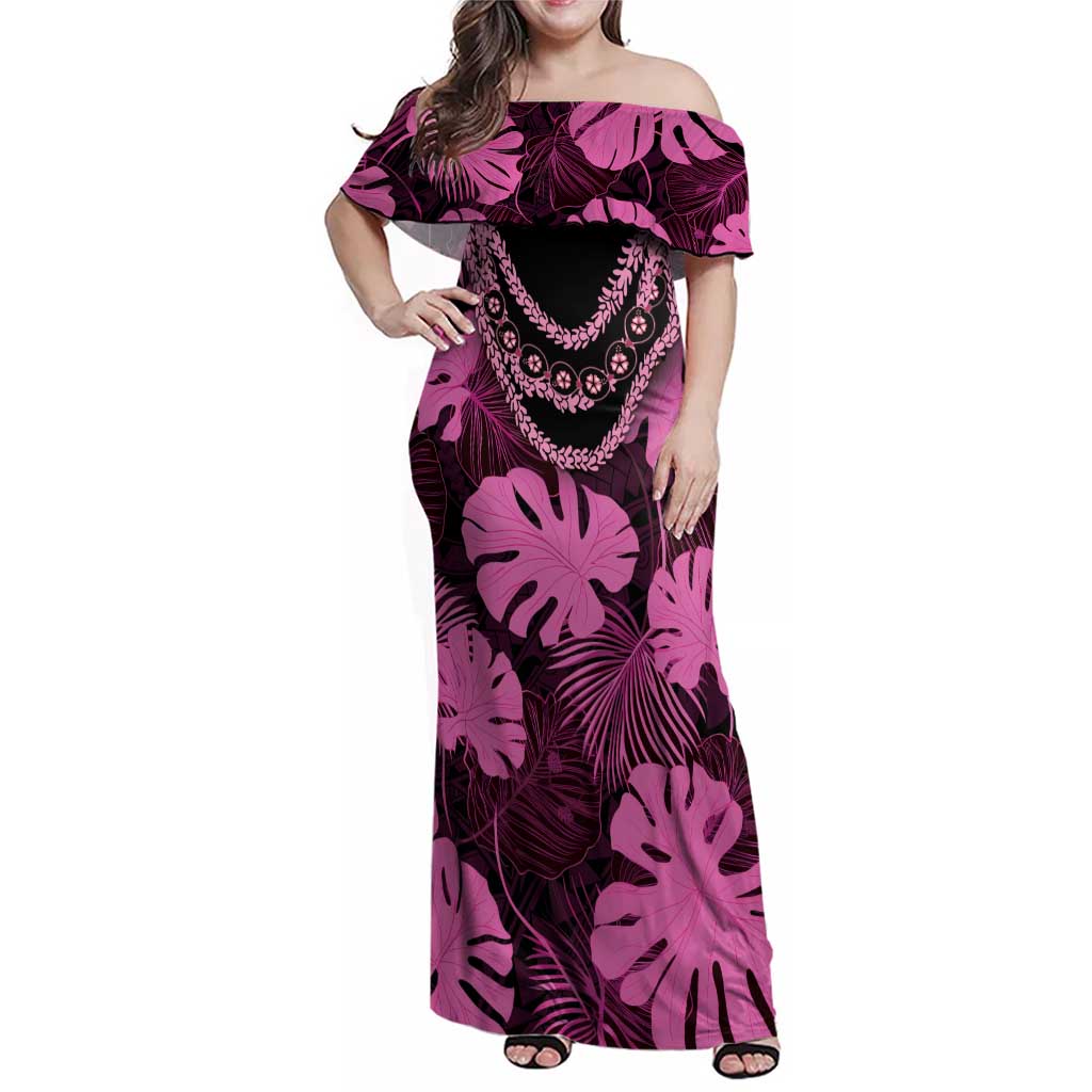 Pink Hawaii Kukui Nut Lei Family Matching Off Shoulder Maxi Dress and Hawaiian Shirt Hawaiian Pattern Monstera Tropical Vibes - Polynesian Pride