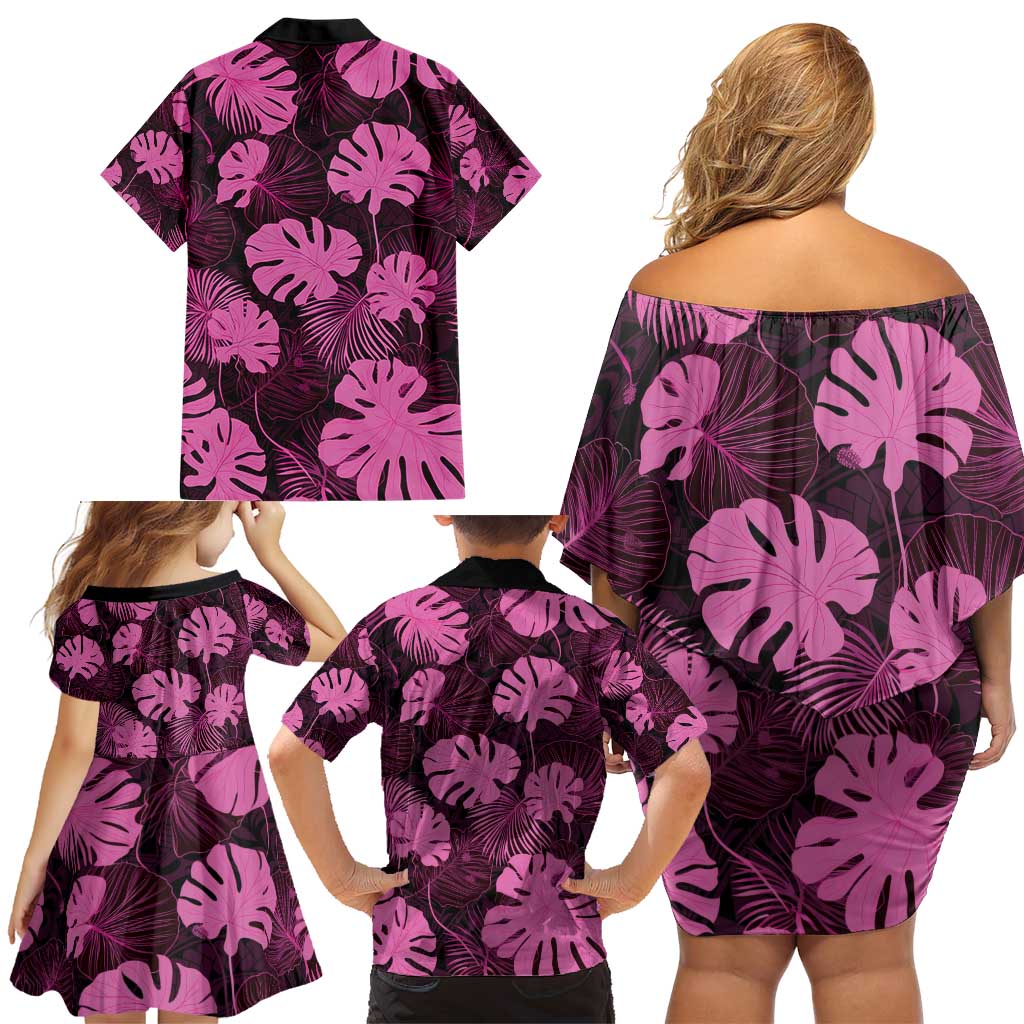 Pink Hawaii Kukui Nut Lei Family Matching Off Shoulder Short Dress and Hawaiian Shirt Hawaiian Pattern Monstera Tropical Vibes - Polynesian Pride