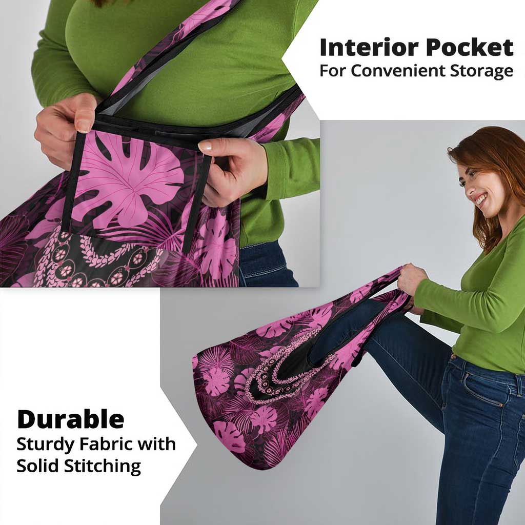 Pink Hawaii Kukui Nut Lei Grocery Bag Hawaiian Pattern Monstera Tropical Vibes - Polynesian Pride