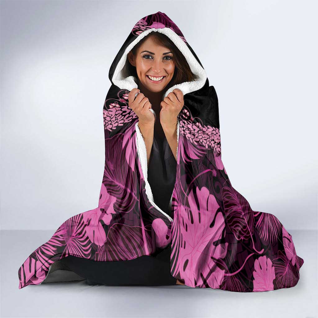 Pink Hawaii Kukui Nut Lei Hooded Blanket Hawaiian Pattern Monstera Tropical Vibes - Polynesian Pride