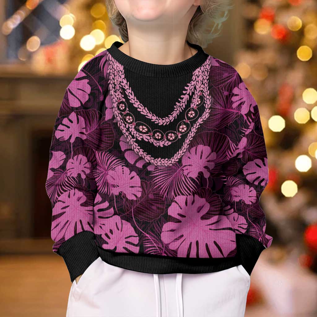 Pink Hawaii Kukui Nut Lei Kid Ugly Christmas Sweater Hawaiian Pattern Monstera Tropical Vibes - Polynesian Pride