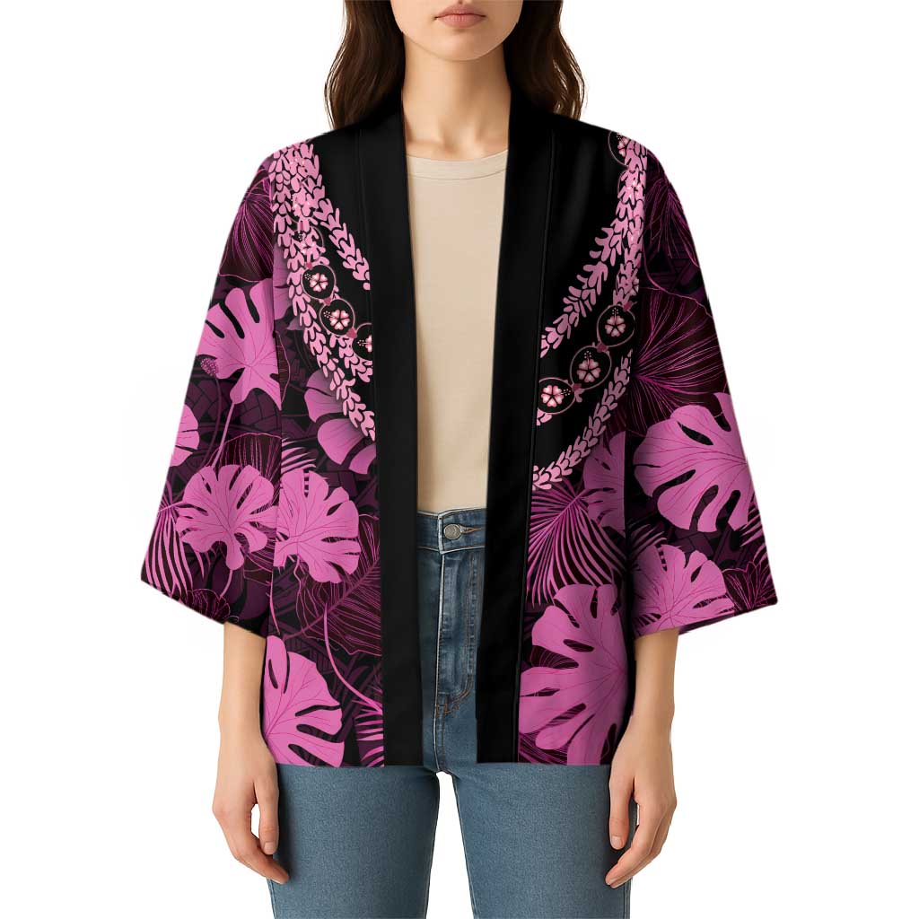 Pink Hawaii Kukui Nut Lei Kimono Hawaiian Pattern Monstera Tropical Vibes - Polynesian Pride