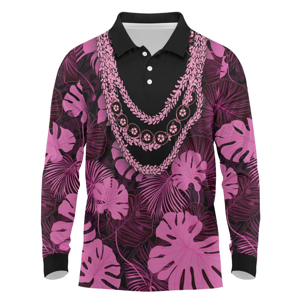 Pink Hawaii Kukui Nut Lei Long Sleeve Polo Shirt Hawaiian Pattern Monstera Tropical Vibes - Polynesian Pride
