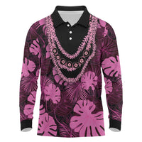 Pink Hawaii Kukui Nut Lei Long Sleeve Polo Shirt Hawaiian Pattern Monstera Tropical Vibes - Polynesian Pride