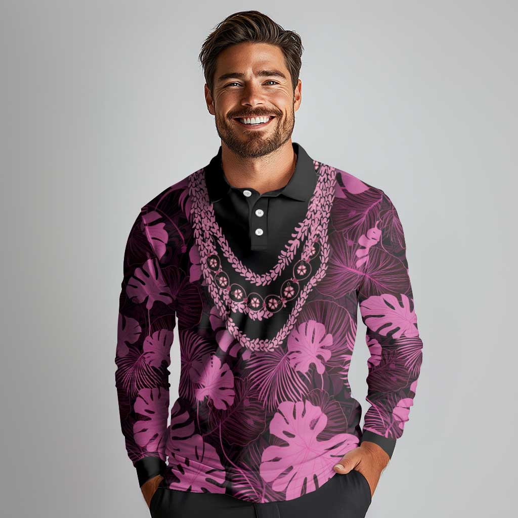 Pink Hawaii Kukui Nut Lei Long Sleeve Polo Shirt Hawaiian Pattern Monstera Tropical Vibes - Polynesian Pride