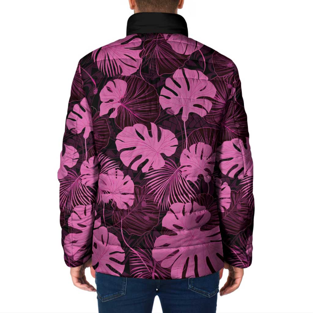 Pink Hawaii Kukui Nut Lei Padded Jacket Hawaiian Pattern Monstera Tropical Vibes - Polynesian Pride