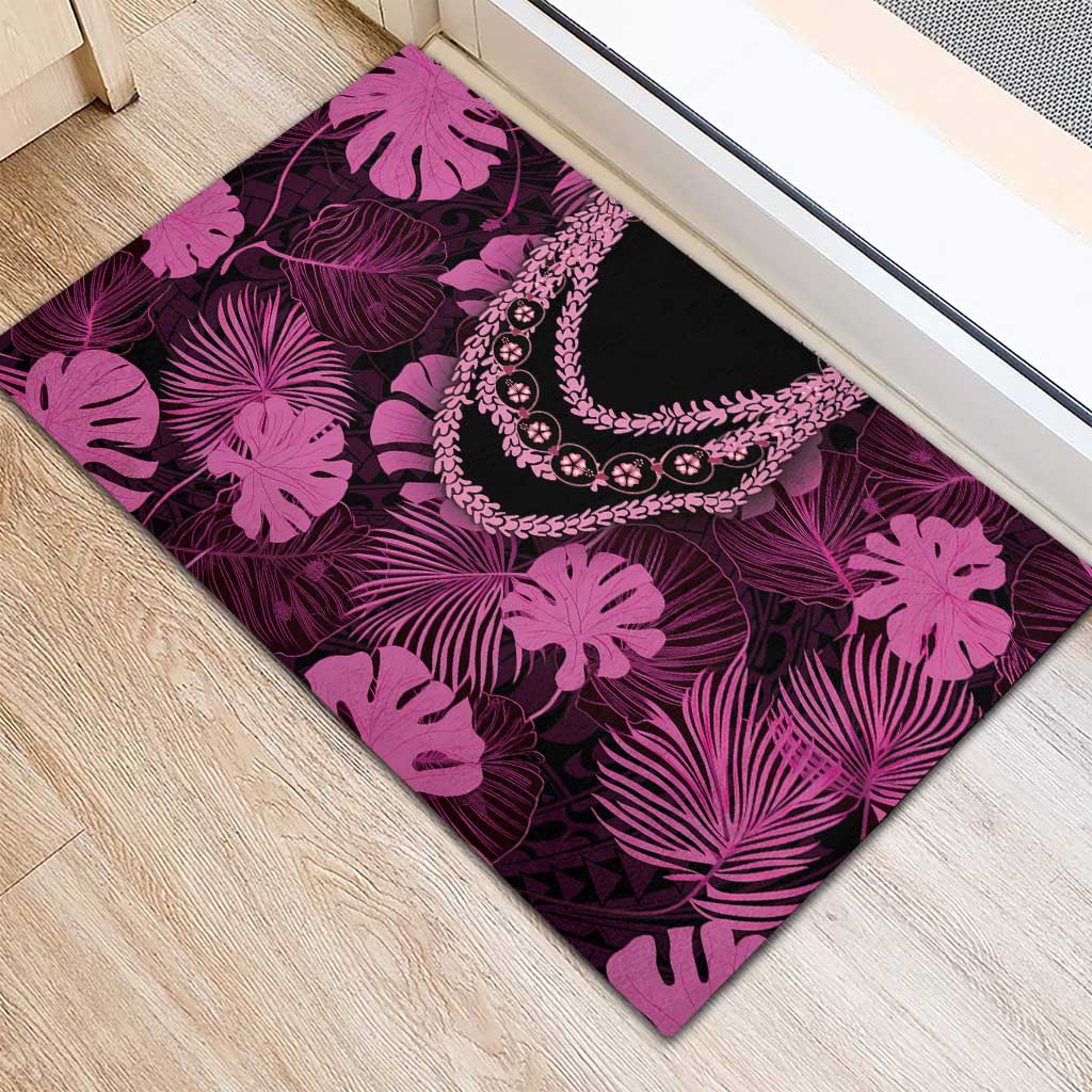 Pink Hawaii Kukui Nut Lei Rubber Doormat Hawaiian Pattern Monstera Tropical Vibes - Polynesian Pride