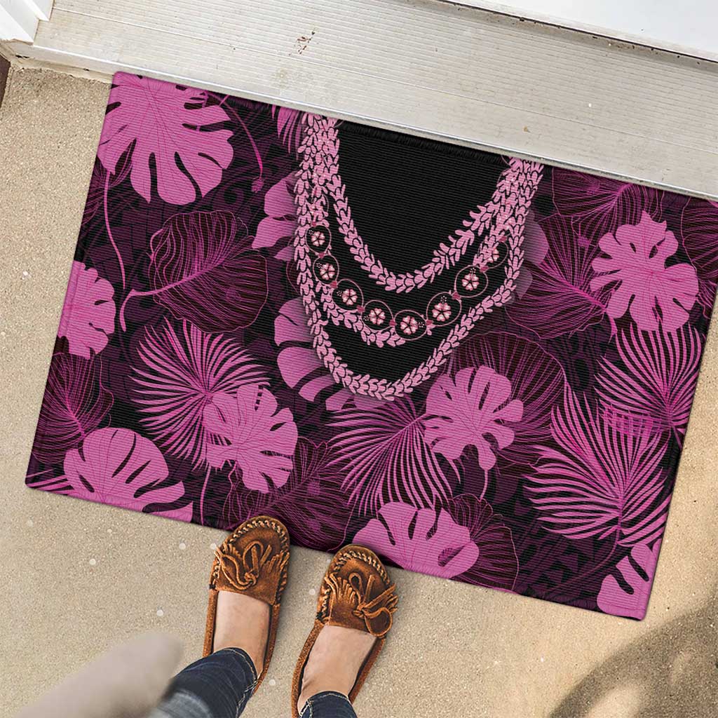 Pink Hawaii Kukui Nut Lei Rubber Doormat Hawaiian Pattern Monstera Tropical Vibes - Polynesian Pride