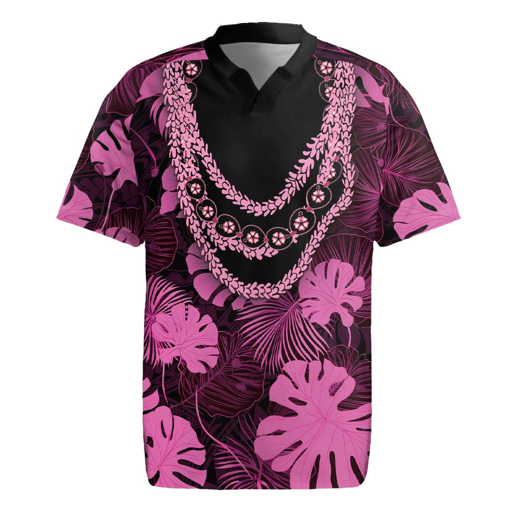 Pink Hawaii Kukui Nut Lei Rugby Jersey Hawaiian Pattern Monstera Tropical Vibes - Polynesian Pride