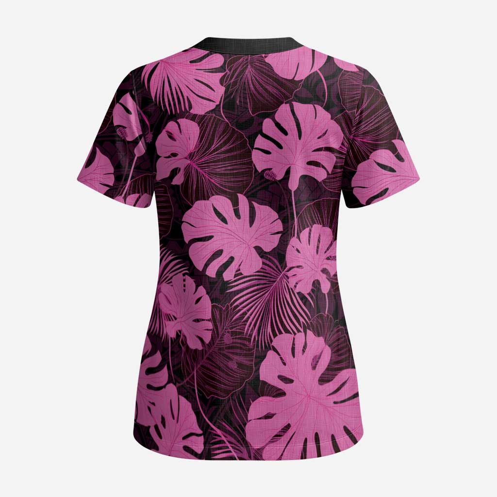 Pink Hawaii Kukui Nut Lei Scrub Top Hawaiian Pattern Monstera Tropical Vibes - Polynesian Pride