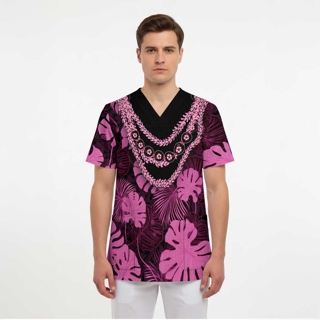 Pink Hawaii Kukui Nut Lei Scrub Top Hawaiian Pattern Monstera Tropical Vibes - Polynesian Pride
