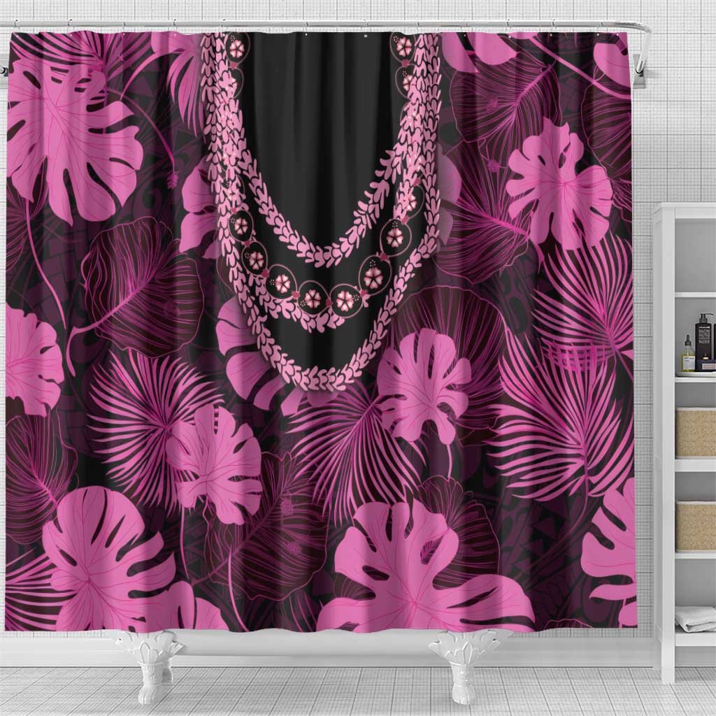 Pink Hawaii Kukui Nut Lei Shower Curtain Hawaiian Pattern Monstera Tropical Vibes - Polynesian Pride