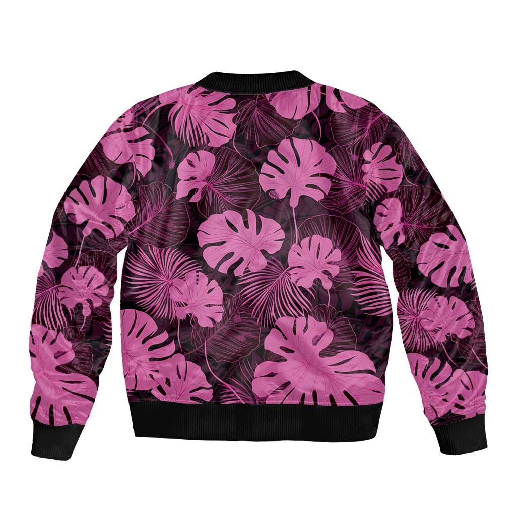 Pink Hawaii Kukui Nut Lei Sleeve Zip Bomber Jacket Hawaiian Pattern Monstera Tropical Vibes - Polynesian Pride