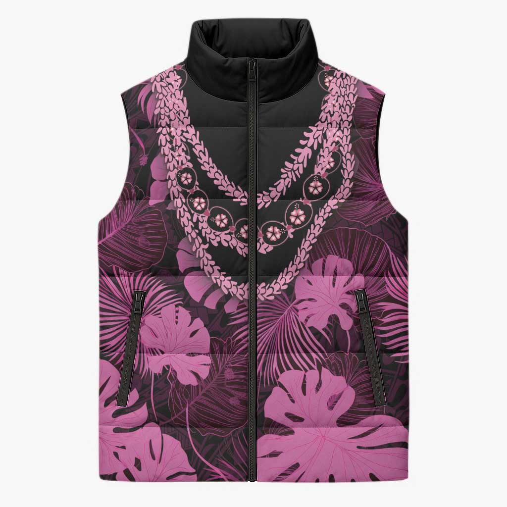 Pink Hawaii Kukui Nut Lei Sleeveless Puffer Jacket Hawaiian Pattern Monstera Tropical Vibes LT14 Unisex Pink - Polynesian Pride
