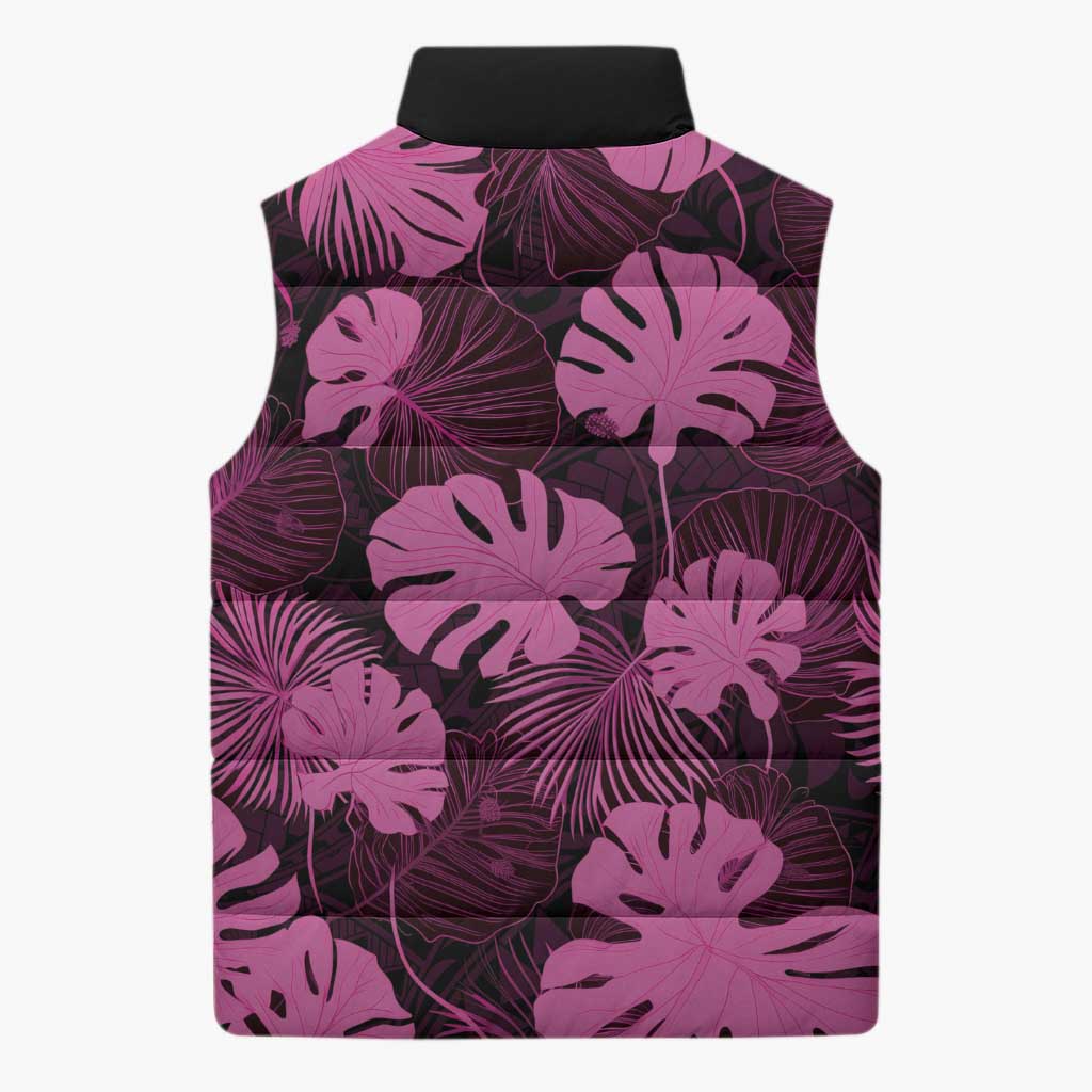 Pink Hawaii Kukui Nut Lei Sleeveless Puffer Jacket Hawaiian Pattern Monstera Tropical Vibes - Polynesian Pride
