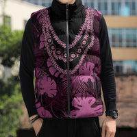 Pink Hawaii Kukui Nut Lei Sleeveless Puffer Jacket Hawaiian Pattern Monstera Tropical Vibes - Polynesian Pride