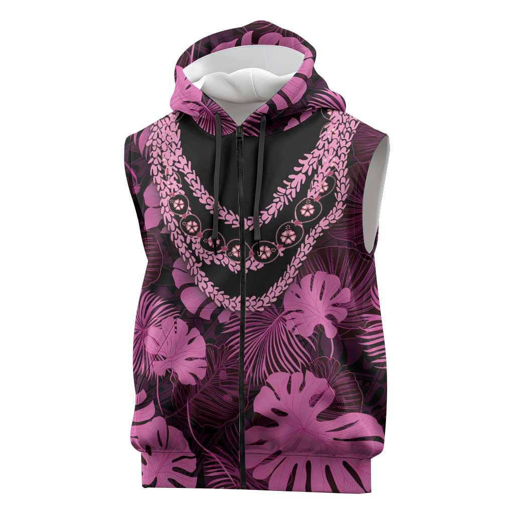 Pink Hawaii Kukui Nut Lei Sleeveless Zip Hoodie Hawaiian Pattern Monstera Tropical Vibes LT14 Pink - Polynesian Pride