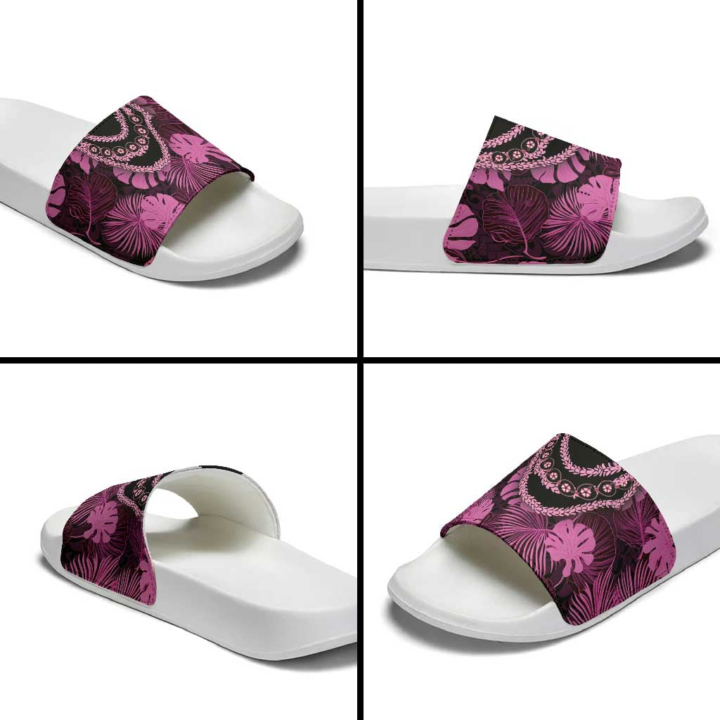 Pink Hawaii Kukui Nut Lei Slide Sandals Hawaiian Pattern Monstera Tropical Vibes - Polynesian Pride