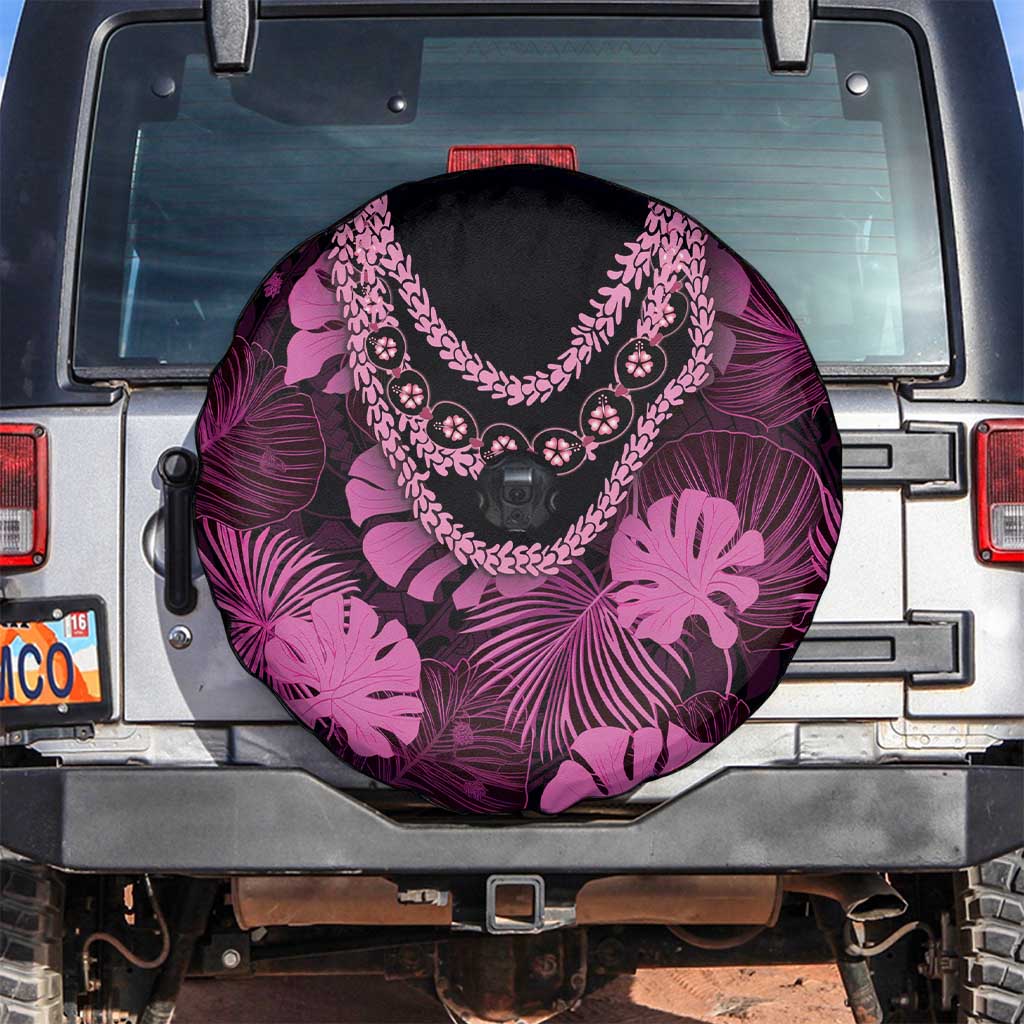 Pink Hawaii Kukui Nut Lei Spare Tire Cover Hawaiian Pattern Monstera Tropical Vibes - Polynesian Pride