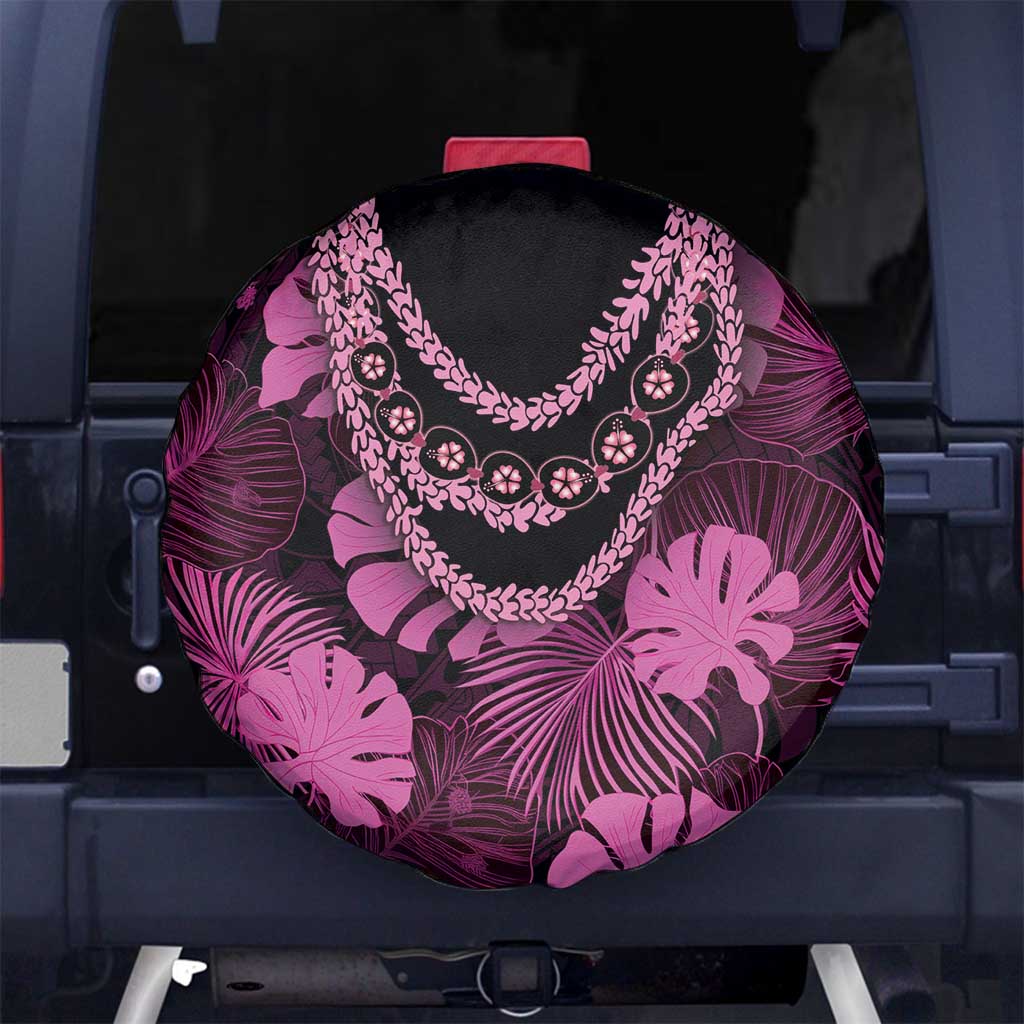 Pink Hawaii Kukui Nut Lei Spare Tire Cover Hawaiian Pattern Monstera Tropical Vibes - Polynesian Pride