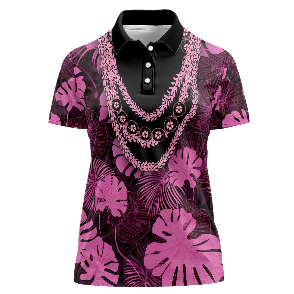 Pink Hawaii Kukui Nut Lei Women Polo Shirt Hawaiian Pattern Monstera Tropical Vibes - Polynesian Pride