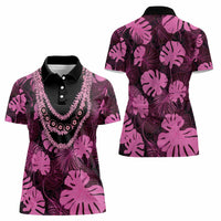 Pink Hawaii Kukui Nut Lei Women Polo Shirt Hawaiian Pattern Monstera Tropical Vibes - Polynesian Pride