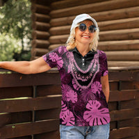 Pink Hawaii Kukui Nut Lei Women Polo Shirt Hawaiian Pattern Monstera Tropical Vibes - Polynesian Pride