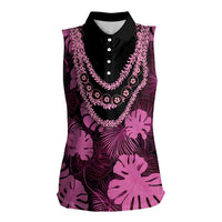 Pink Hawaii Kukui Nut Lei Women Sleeveless Polo Shirt Hawaiian Pattern Monstera Tropical Vibes - Polynesian Pride